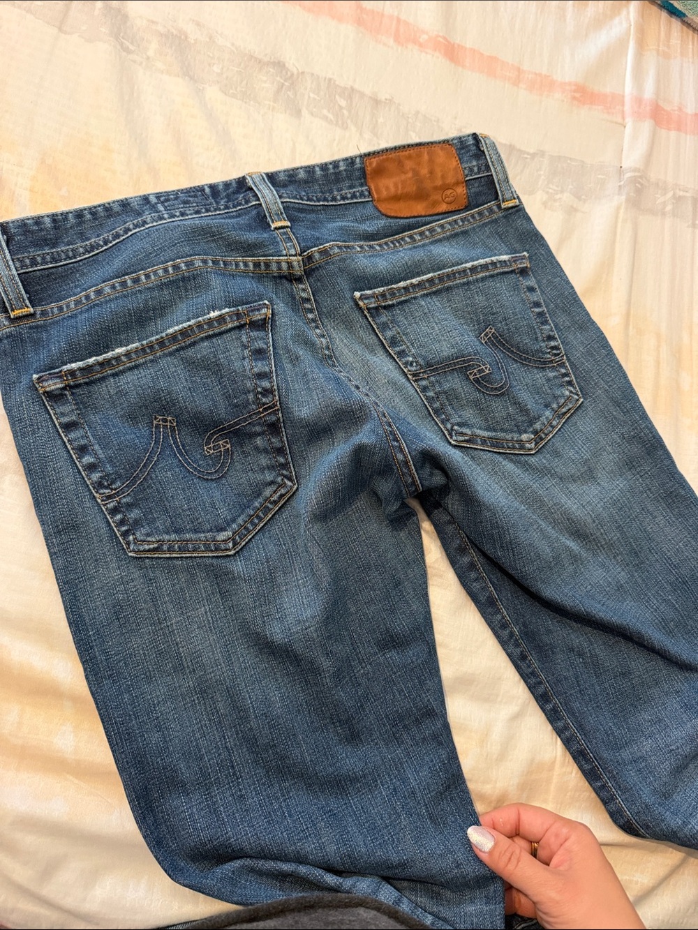 Ag Adriano Goldschmied Women's Straight Leg Blue Jeans with Brown Leather Patch